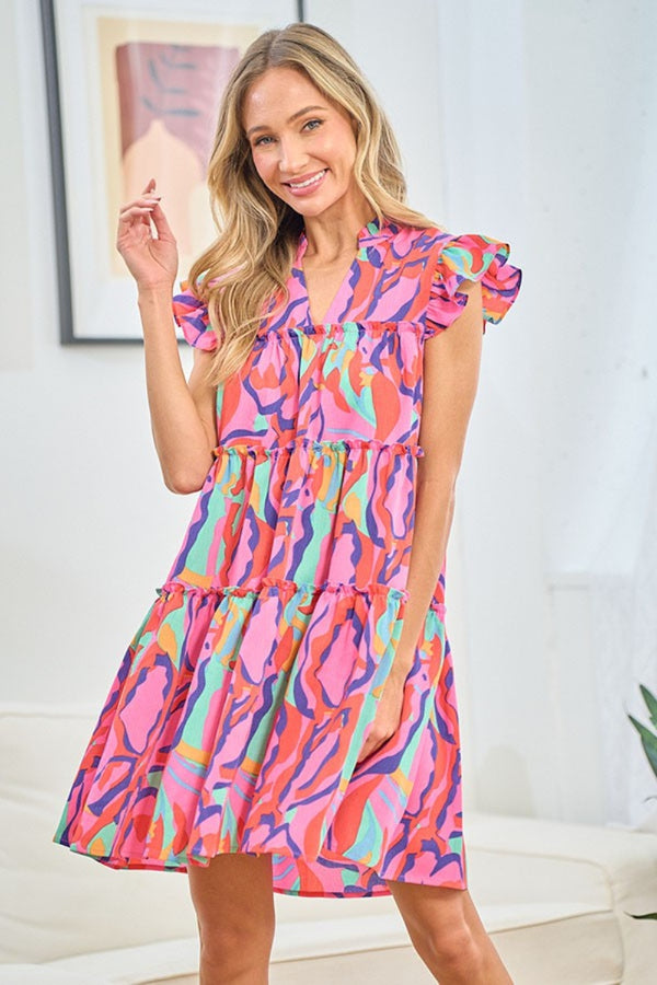 First Love Full Size Printed Ruffle Cap Sleeve Tiered Dress.