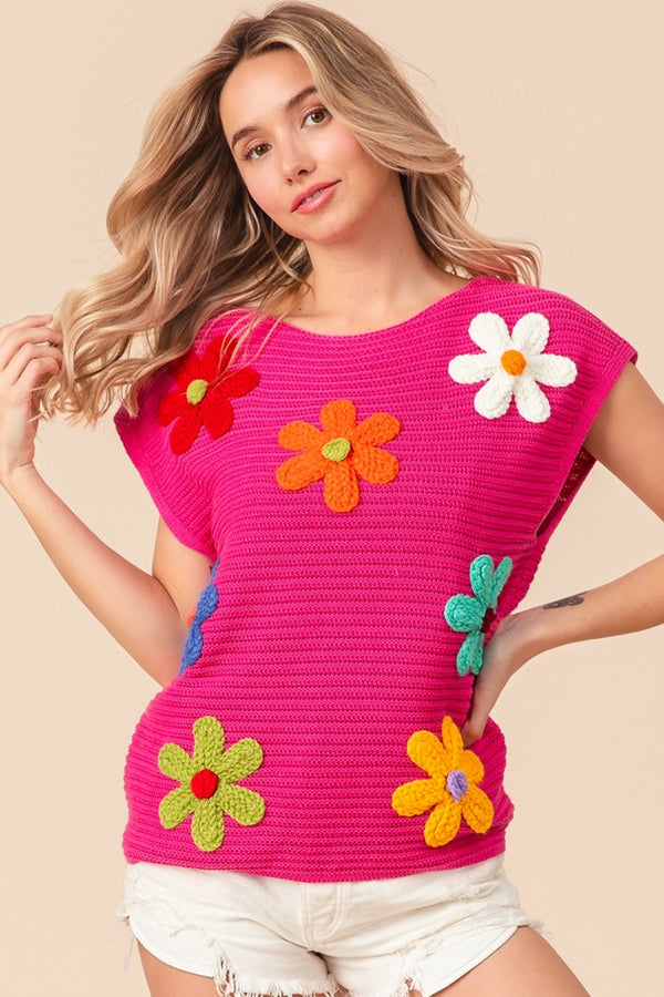 BiBi Flower Round Neck Cap Sleeve Knit Top.