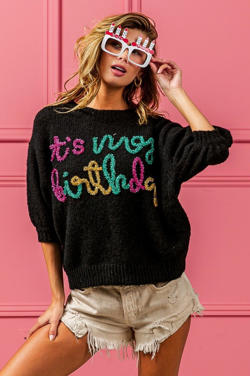 BiBi Metallic Letter Puff Sleeve Hairy Sweater.