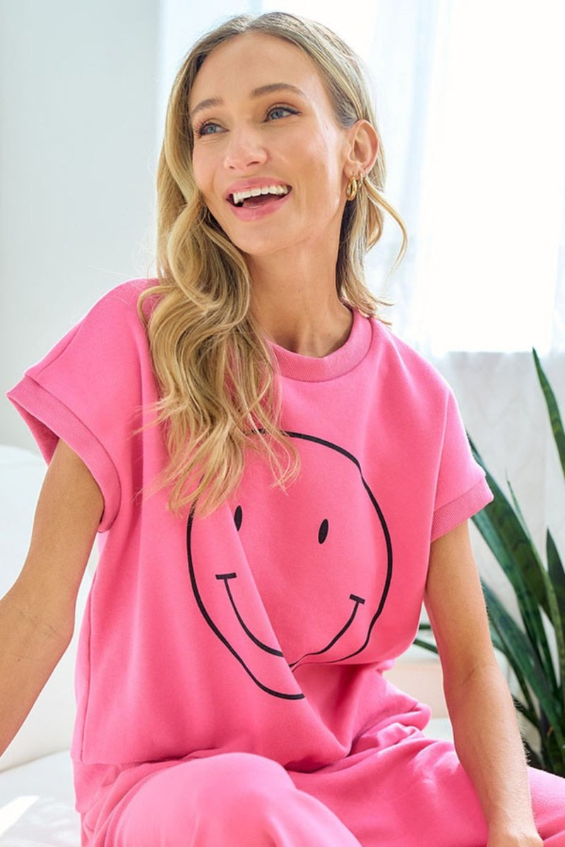 First Love Smile Face Drop Shoulder Brushed Inside T-Shirt.