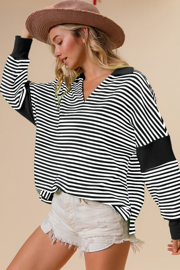 BiBi Striped Contrast Long Sleeve Knit Top.