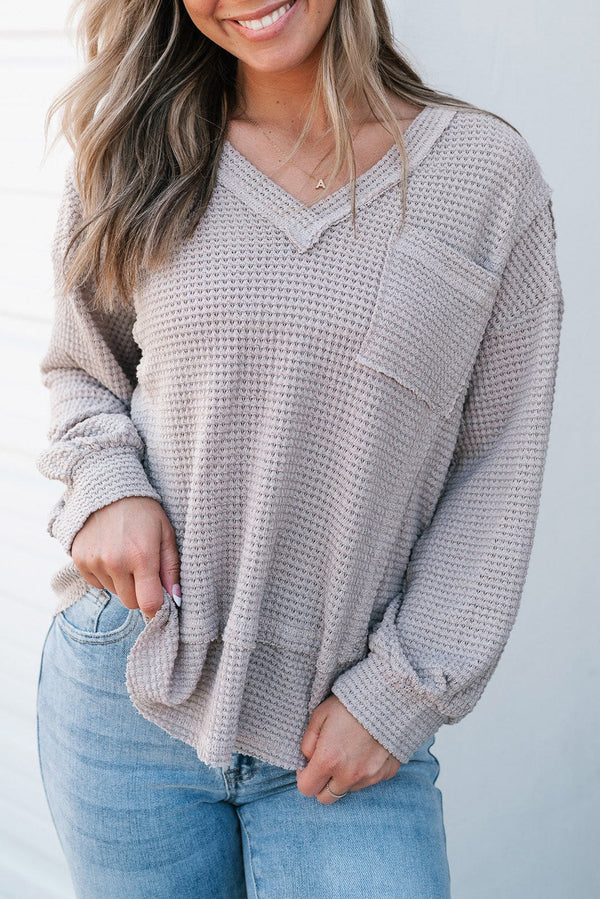 Threaded Pear:  Eden Raw Edge Detail Waffle Knit V Neck Top.