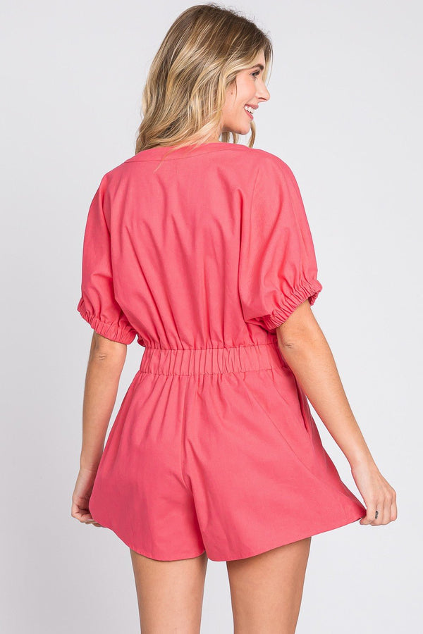 GeeGee Half Button V - Neck Linen Romper - Althena Fitnessalthenafitness