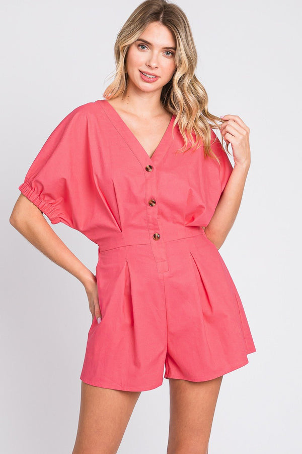 GeeGee Half Button V - Neck Linen Romper - Althena Fitnessalthenafitness