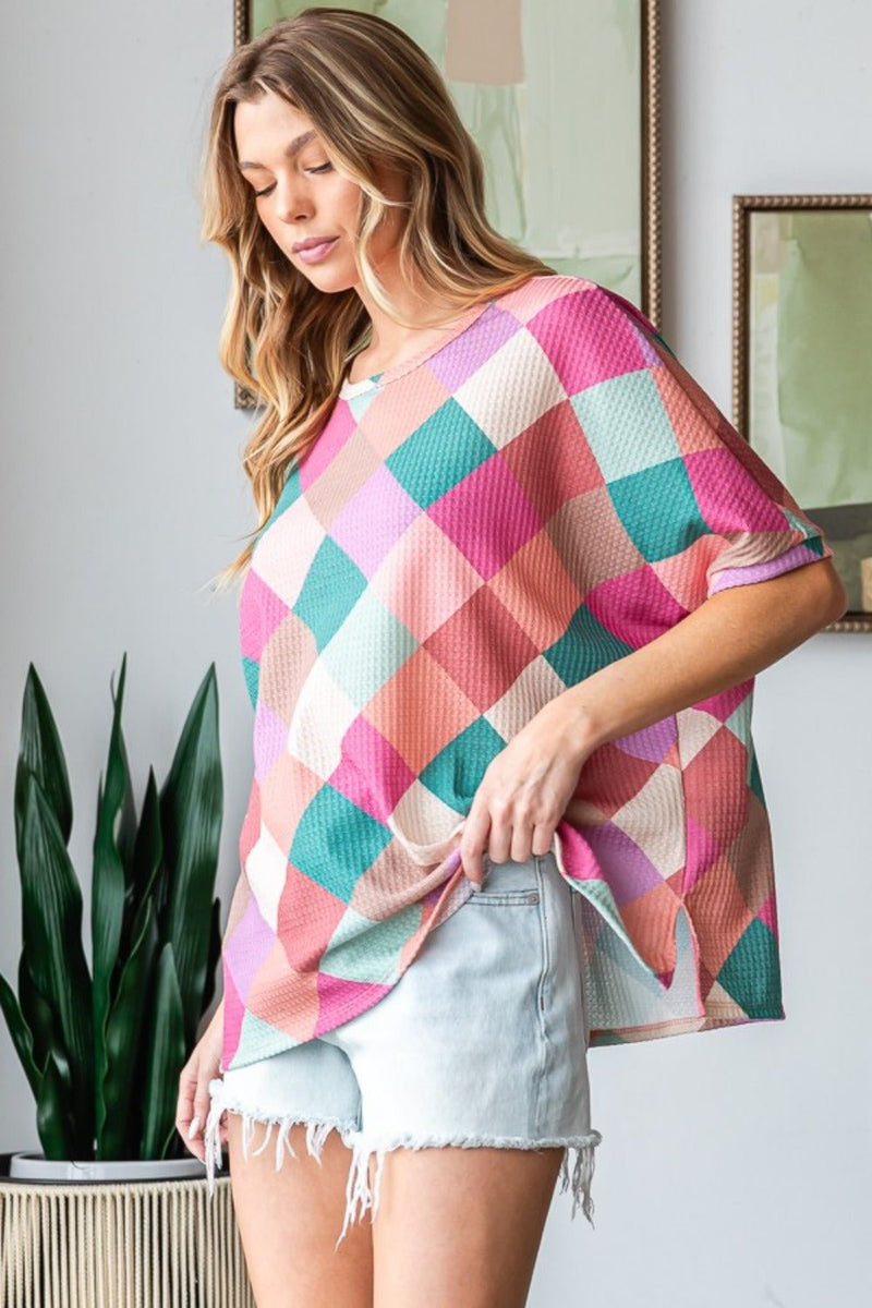 HOPELY Full Size Multi Colored Argyle Side Slit T - Shirt - Althena Fitnessalthenafitness