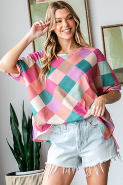 HOPELY Full Size Multi Colored Argyle Side Slit T - Shirt - Althena Fitnessalthenafitness