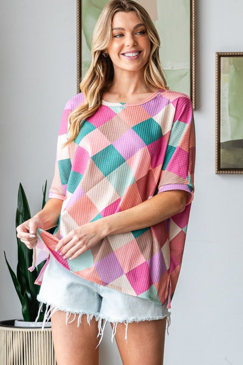 HOPELY Full Size Multi Colored Argyle Side Slit T - Shirt - Althena Fitnessalthenafitness