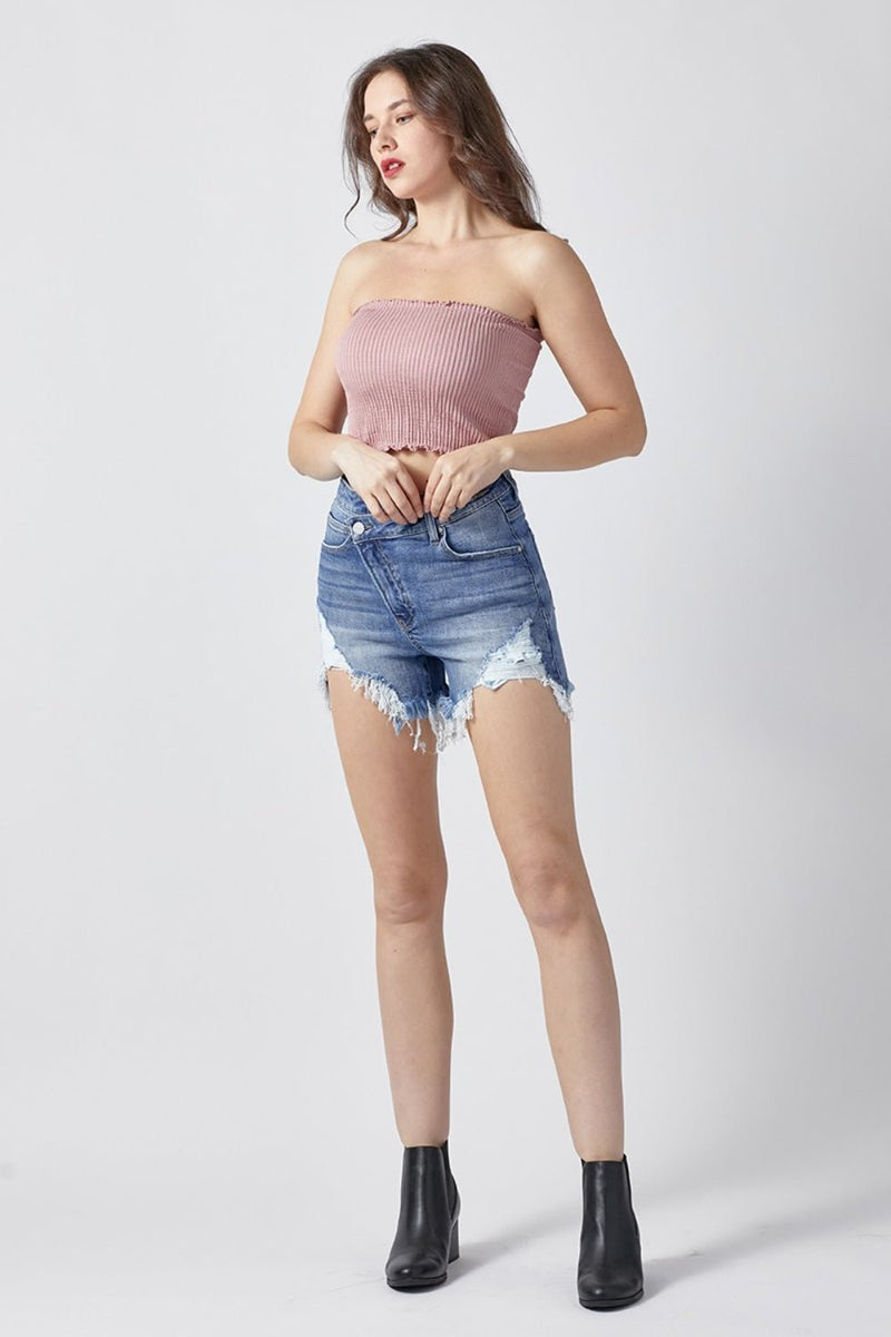 RISEN Raw Hem Asymmetrical Waist Denim Shorts - Althena Fitnessalthenafitness