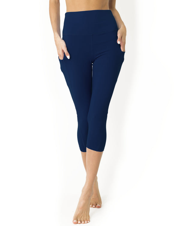 High Waisted Yoga Capri Leggings - Navy Blue.