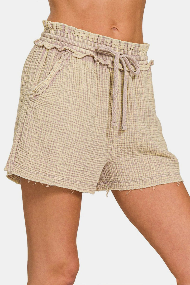 Zenana Washed Frayed Hem Drawstring Shorts - Althena Fitnessalthenafitness